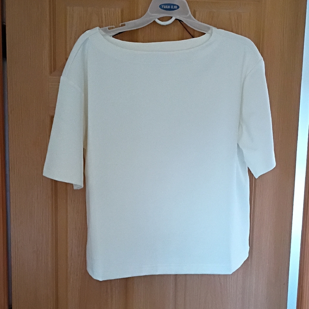 Lands' End Cream Elbow Sleeve Boatneck Top